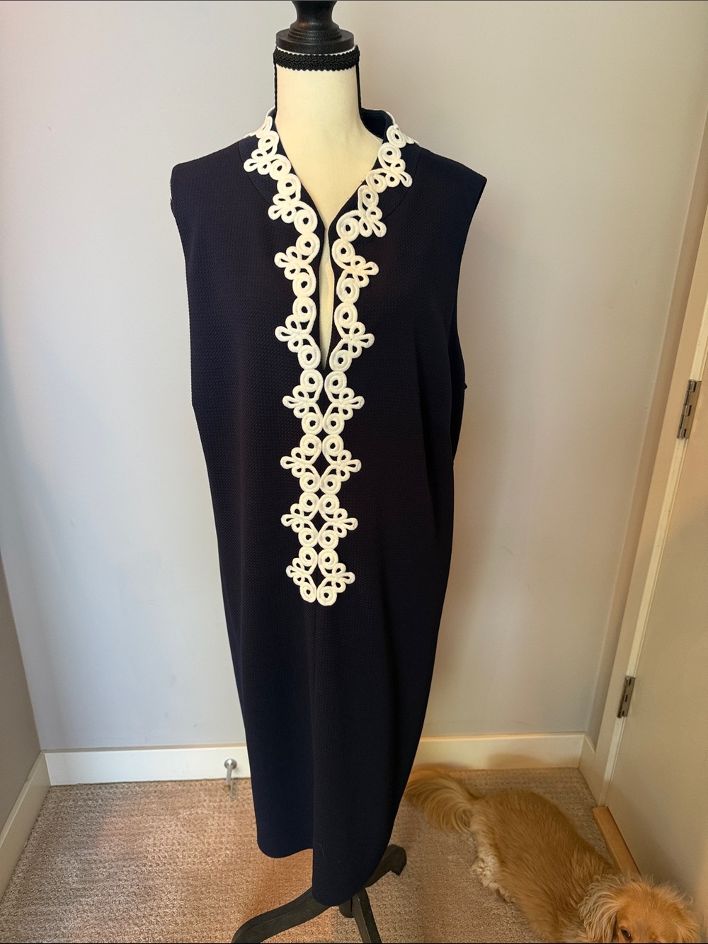 Vince Camuto Navy Midi Dress with White Decorative Trim